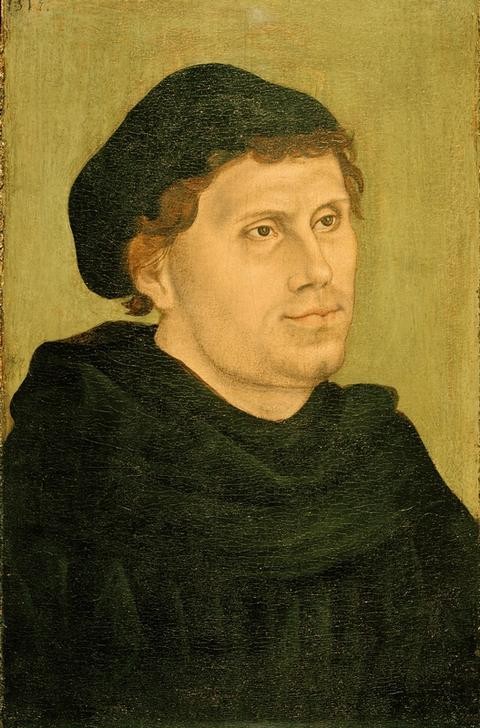 Lucas Cranach der Ältere, Martin Luther als Augustinermönch mit Doktorhut (Geistlicher,Christentum,Deutsche Kunst,Evangelische Kirche,Geschichte,Katholische Kirche,Kopfbedeckung,Kunst,Mann,Reformation,Reformator,Religion,Hut,Renaissance,Portrait,Theologie,Mönch,Doktorhut,Augustiner,Kleidung (Allgemein),Protestant,Privatsammlung,)