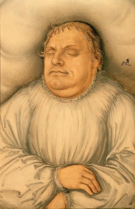 Lucas Cranach der Ältere, Bildnis Martin Luthers auf dem Totenbett (Geistlicher,Christentum,Deutsche Kunst,Evangelische Kirche,Geschichte,Katholische Kirche,Kunst,Leiche,Mann,Reformation,Reformator,Religion,Tod,Renaissance,Portrait,Theologie,Hemd,Kleidung (Allgemein),Protestant,Sterbebett,Halbfigur,Person)