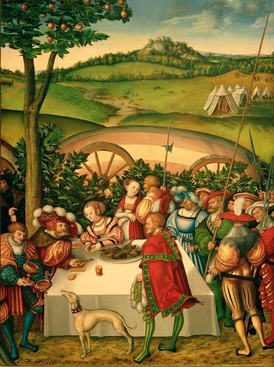 Lucas Cranach der Ältere, Judith an der Tafel des Holofernes (Deutsche Kunst,Essen Und Trinken,Feldlager,Kunst,Landschaft,Militär,Religion,Tafelsitten,Zelt,Selbstbildnis,Renaissance,Hund,Altes Testament,Bibel,Portrait,Windhund,Tier,Judith Vor Holofernes,Jüdisch-Christlich,Gastmahl,Essen (Nahrung))