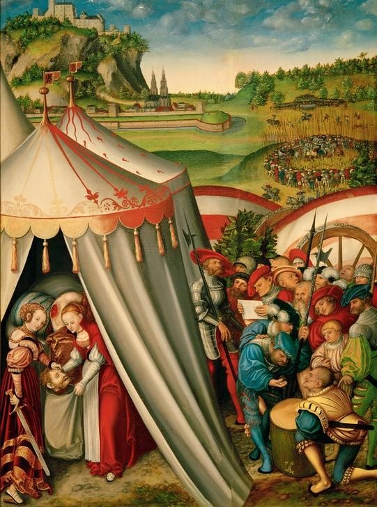 Lucas Cranach der Ältere, Tod des Holofernes (Deutsche Kunst,Enthaupten,Feldlager,Hinrichtung,Kunst,Landschaft,Militär,Religion,Tod,Zelt,Renaissance,Altes Testament,Bibel,Mord,Magd,Kopf,Sack,Jüdisch-Christlich)