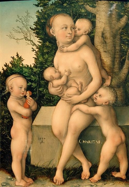 Lucas Cranach der Ältere, Caritas (Baby,Deutsche Kunst,Frau,Kind,Kunst,Mädchen,Mutter Und Kind,Puppe (Gegenstand),Spielzeug,Tugenden Und Laster,Stillen,Renaissance,Akt,Kuss,Allegorie,Kleinkind,Tugend,Mutterliebe,Nächstenliebe,Knabe,Sitzen,Ganzfigurig,Personifizierung,Schrift,Morallehre)