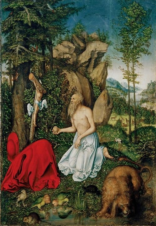 Lucas Cranach der Ältere, Der heilige Hieronymus in der Wüste (Adler,Biber,Christentum,Deutsche Kunst,Fasan,Heilige,Kunst,Landschaft,Löwe (Tier),Mythologie,Religion,Schildkröte,Storch,Vogel,Renaissance,Trinken,Fabelwesen,Kirchenvater,Eremit,Wunder,Kruzifix,Donauschule,Felsen,Bach,Harpyie,Rotwild,Tier,Kasteiung,Heilig)