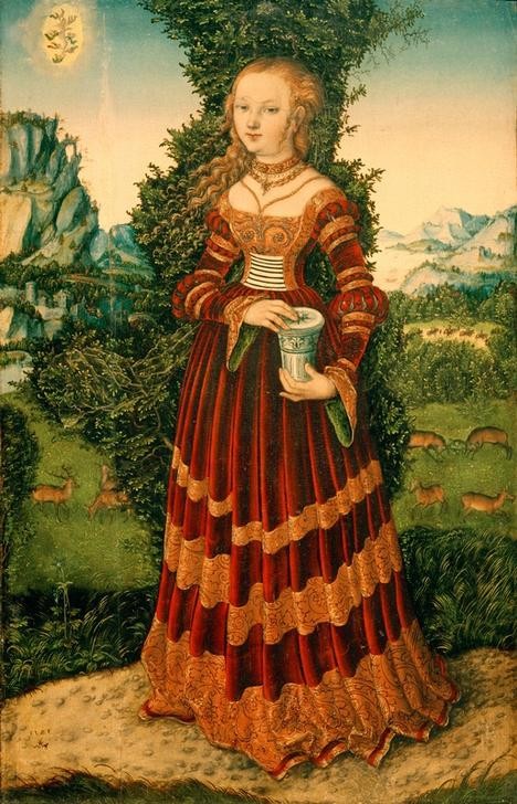 Lucas Cranach der Ältere, Die heilige Maria Magdalena (Damenmode,Deutsche Kunst,Frau,Heilige,Kunst,Landschaft,Mode,Religion,Schmuck,Renaissance,Neues Testament,Bibel,Portrait,Baum,Salbgefäss,Himmelfahrt,Heiligenlegende,Glorie,Kleid,Rotwild,Blonde Haare,Tier,Junge Frau,Blick Aus Dem Bild,Ganzfigurig)