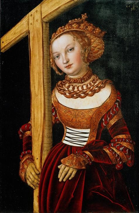 Lucas Cranach der Ältere, Die heilige Helena (Christentum,Damenmode,Deutsche Kunst,Frau,Geschichte,Handschuh,Heilige,Kaiserin,Kette (Schmuck),Kreuz,Kunst,Mode,Religion,Schmuck,Renaissance,Portrait,Halskette,Heiligenlegende,Haarnetz,Halsring,Kleid,Bügelkrone,Junge Frau,Blick Aus Dem Bild,Halbfigur,Sch)