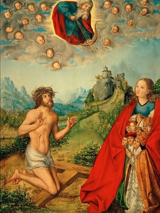 Lucas Cranach der Ältere, Pestbild (Christentum,Deutsche Kunst,Engel,Krankheit,Kreuz,Kunst,Landschaft,Medizin,Pest (Krankheit),Religion,Waffe,Renaissance,Schutzmantelmadonna,Gottvater,Schmerzensmann,Fürbitte,Epidemie,Andachtsbild,Himmelreich,Gott,Madonna Della Misericordia,Knien,Pfeil Und B)