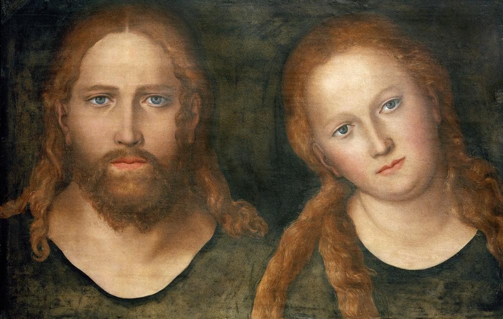 Lucas Cranach der Ältere, Christus und Maria oder Maria Magdalena (Christentum,Deutsche Kunst,Frau,Heilige,Kunst,Religion,Renaissance,Neues Testament,Bibel,Portrait,Mutter Und Sohn,Doppelportrait,Blick Aus Dem Bild,Brustbild)