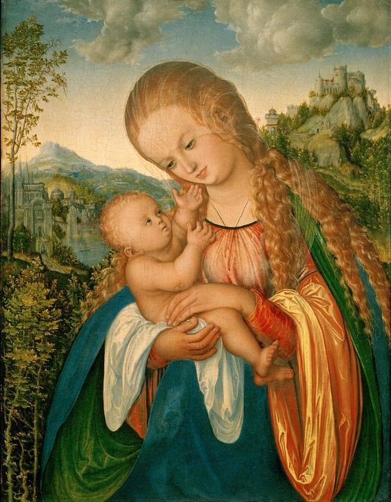 Lucas Cranach der Ältere, Madonna mit Kind (Baby,Christentum,Deutsche Kunst,Kind,Kunst,Landschaft,Mutter Und Kind,Religion,Renaissance,Schleier,Maria Mit Kind,Neues Testament,Bibel,Portrait,Mutter Und Sohn,Jesusknabe,Knabe,Blonde Haare,Langes Haar,Halbfigur,Kind Auf Dem Arm)