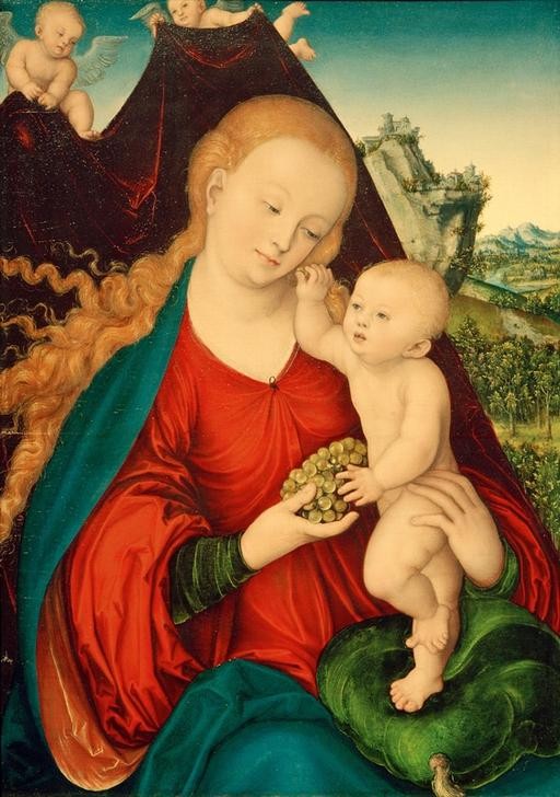 Lucas Cranach der Ältere, Madonna mit der Weintraube vor einem von zwei Engeln gehalt (Christentum,Deutsche Kunst,Engel,Kind,Kunst,Landschaft,Mutter Und Kind,Obst,Religion,Renaissance,Nahrungsmittel,Maria Mit Kind,Kleinkind,Neues Testament,Bibel,Putto,Portrait,Mutter Und Sohn,Jesusknabe,Vorhang,Knabe,Weintraube,Blonde Haare,Langes Haar,Sitz)