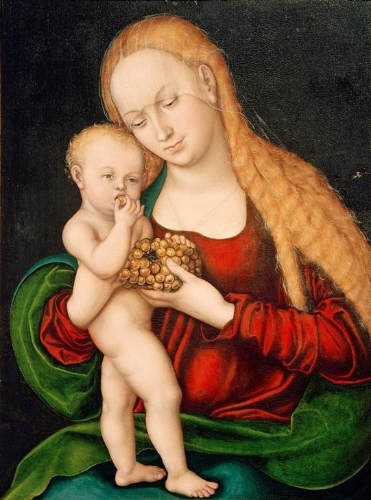 Lucas Cranach der Ältere, Madonna mit Kind, das von der Weintraube nascht (Christentum,Deutsche Kunst,Essen Und Trinken,Kind,Kunst,Mutter Und Kind,Obst,Religion,Renaissance,Nahrungsmittel,Maria Mit Kind,Kleinkind,Neues Testament,Bibel,Portrait,Mutter Und Sohn,Jesusknabe,Knabe,Weintraube,Blonde Haare,Langes Haar,Sitzen,Halbfigur,)