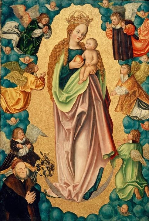 Lucas Cranach der Ältere, Madonna auf der Mondsichel mit dem Stifter Hieronymus Rudel (Apfel,Baby,Christentum,Deutsche Kunst,Engel,Gebet,Kind,Kunst,Mantel,Mond,Mutter Und Kind,Obst,Religion,Renaissance,Nahrungsmittel,Maria Mit Kind,Neues Testament,Bibel,Putto,Portrait,Stifterbildnis,Mutter Und Sohn,Glorie,Jesusknabe,Knabe,Blonde Haare,Kleid)