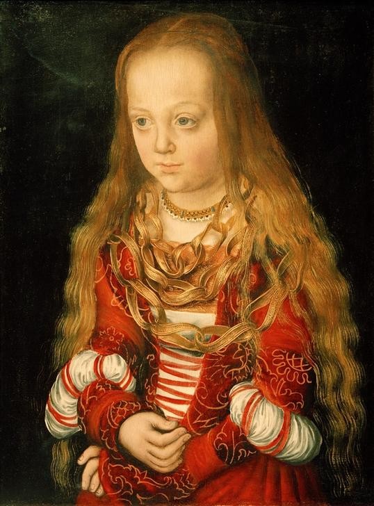 Lucas Cranach der Ältere, Bildnis einer sächsischen (?) Prinzessin (Deutsche Kunst,Geschichte,Kette (Schmuck),Kindermode,Kind,Kunst,Mädchen,Mensch,Mode,Schmuck,Textil,Renaissance,Portrait,Halskette,Prinzessin,Adel,Kleid,Kleidung (Allgemein),Langes Haar,Brokat,Rot,Halbfigur,Farbe)