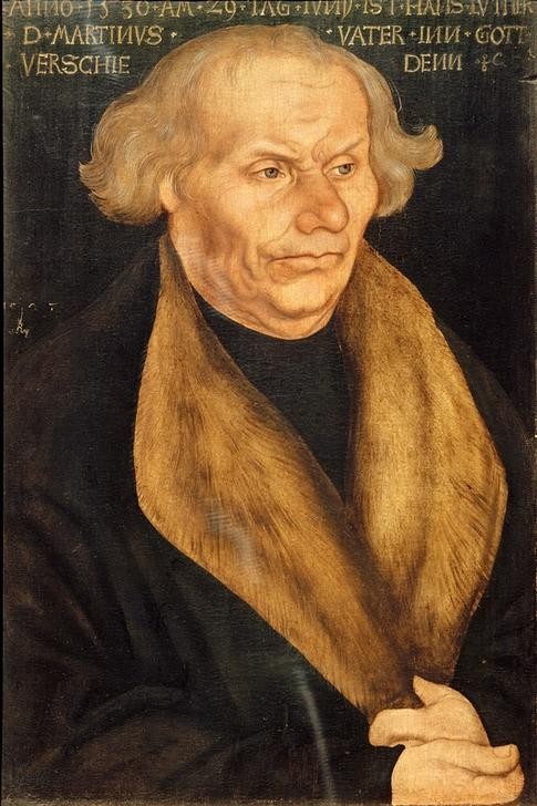 Lucas Cranach der Ältere, Luthers Vater (Deutsche Kunst,Herrenmode,Kunst,Mann,Mode,Reformation,Reformator,Vater,Alter,Renaissance,Portrait,Pelzkragen,Vater Von Berühmten,Kleidung (Allgemein),Alter Mann,Kragen,Graues Haar,Inschrift,Brustbild,Halbprofil,Person,Schrift,Falten (Physiognomie))