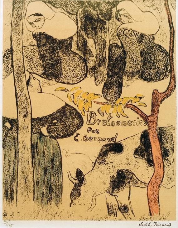 Emile Bernard, Bretonneries 1. Trois femme et une vache dans un pré (Drei Frauen und Kuh auf einer Wiese) (Frau,Kunst,Rind,Volkskunde,Bäuerin,Haube,Französische Kunst,Landleben,Kleidung (Allgemein),Frauenleben,Tradition,Sitzen,Synthetismus,Baumstamm,Blick Über Die Schulter,Nutztier,Land Und Leute,Landwirtschaft)
