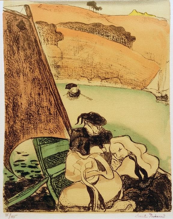 Emile Bernard, Bretonneries 2. Bretons en barque sur l’Aven (Bretonen in einem Boot auf dem Aven) (Ausflug,Bootspartie,Frau,Geographie,Gewässer,Landschaft,Mann,Mode,Freizeit,Ruderboot,Urlaub,Segelboot,Hut,Fluss,Reise,Französische Kunst,Paar,Ufer,Kleidung (Allgemein),Topographie,Wochenende,Land Und Leute)