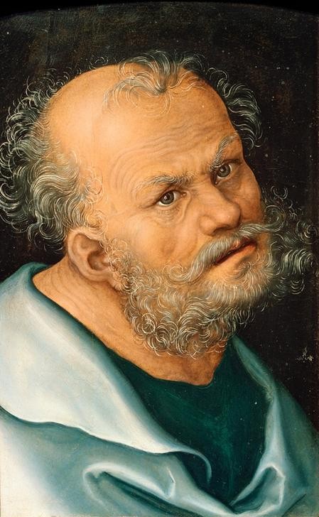 Lucas Cranach der Ältere, Der Apostel Petrus (Christentum,Deutsche Kunst,Kunst,Mann,Religion,Alter,Bart,Renaissance,Neues Testament,Bibel,Apostel,Portrait,Backenbart,Halbglatze,Alter Mann,Graues Haar,Privatsammlung,Brustbild,Halbprofil,Braune Augen)