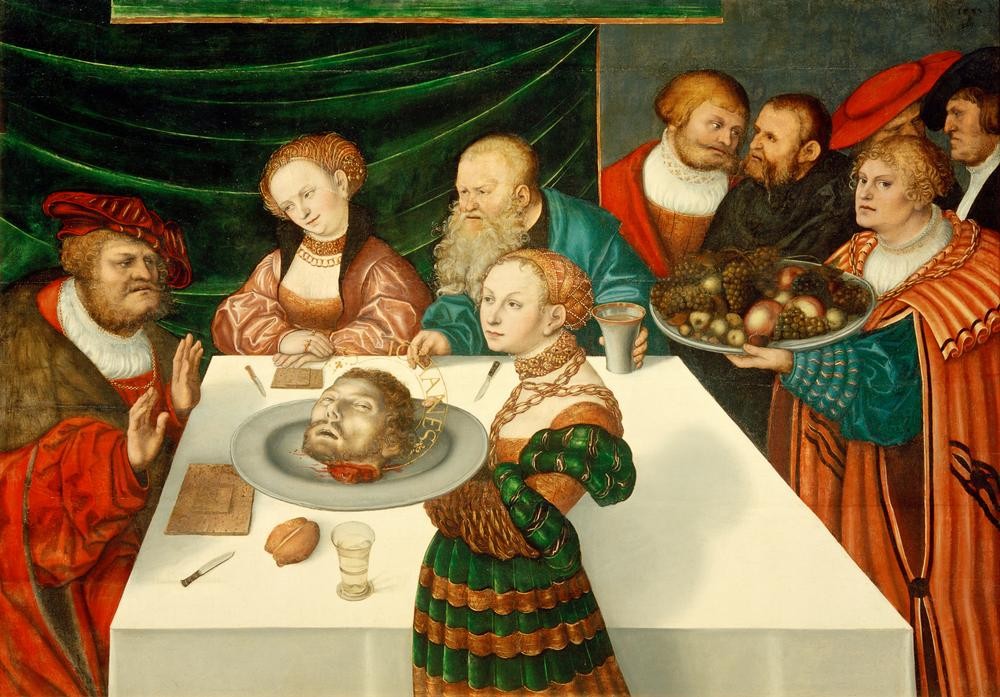 Lucas Cranach der Ältere, Gastmahl des Herodes (Christentum,Damenmode,Deutsche Kunst,Enthaupten,Essen Und Trinken,Früchte,Herrenmode,Hinrichtung,Kunst,Mode,Obst,Religion,Tafelsitten,Tod,Renaissance,Nahrungsmittel,Tisch,Neues Testament,Bibel,Mord,Obstschale,Entsetzen,Diener,Johannesschüssel,Gastmahl Des)