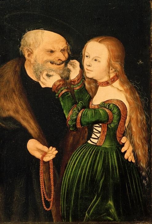 Lucas Cranach der Ältere, Junges Mädchen und Greis (Damenmode,Deutsche Kunst,Frau,Jugend (Lebensalter),Kette (Schmuck),Kunst,Lebensalter,Liebe,Liebe Und Ehe,Liebespaar,Mädchen,Mann,Mensch,Mode,Ungleiches Paar,Alter,Bart,Renaissance,Greis,Jugend Und Alter,Kleidung (Allgemein),Haare (Haar),Grinsen,Gegensatz,)