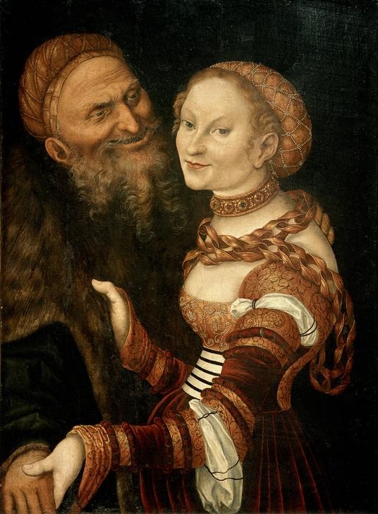 Lucas Cranach der Ältere, Junge Witwe und Greis (Ungleiches Paar) (Damenmode,Deutsche Kunst,Frau,Herrenmode,Jugend (Lebensalter),Kette (Schmuck),Kopfbedeckung,Kunst,Lebensalter,Liebe,Liebe Und Ehe,Liebespaar,Mann,Mensch,Mode,Schmuck,Ungleiches Paar,Witwe,Alter,Bart,Renaissance,Greis,Halskette,Haube,Halsring,Lächeln,Pelzk)