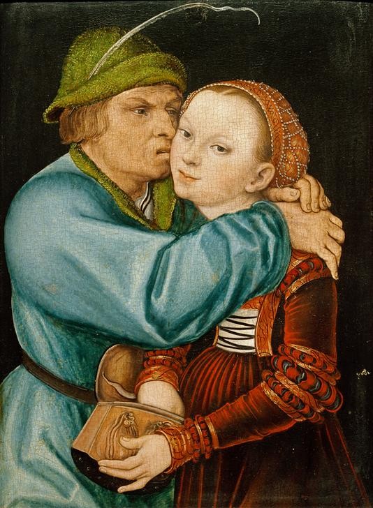 Lucas Cranach der Ältere, Bauer und Dirne (Bauer (Landwirt),Damenmode,Deutsche Kunst,Frau,Geld,Gesellschaft,Herrenhut,Herrenmode,Kopfbedeckung,Kunst,Liebe,Liebe Und Ehe,Liebespaar,Mann,Mensch,Mode,Prostitution,Soziales,Stände,Ungleiches Paar,Hut,Renaissance,Kuss,Prostituierte,Feder,Umarmung,Haarne)