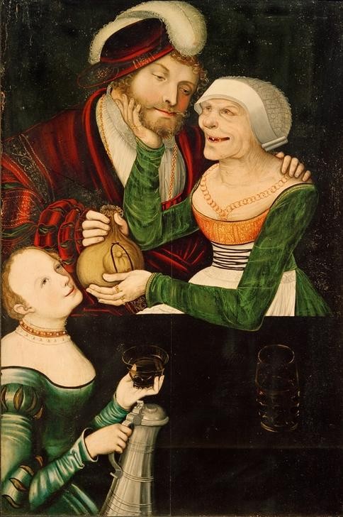 Lucas Cranach der Ältere, Junger Mann und Greisin mit einer Magd (Alkohol,Damenmode,Deutsche Kunst,Frau,Geld,Herrenhut,Herrenmode,Jugend (Lebensalter),Kanne,Kopfbedeckung,Kunst,Lebensalter,Liebe,Liebe Und Ehe,Liebespaar,Mann,Mensch,Mode,Prostitution,Ungleiches Paar,Wein,Alter,Bart,Hut,Renaissance,Prostituierte,Feder,Kup)