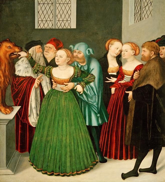 Lucas Cranach der Ältere, Der Mund der Wahrheit (Betrug,Damenmode,Deutsche Kunst,Frau,Richter (Recht),Herrenmode,Kunst,Laster,Liebe Und Ehe,Löwe (Tier),Mode,Mythologie,Narr,Renaissance,Tugend,Moral,Ehebruch,Wahrheit,Liebhaber,Kleidung (Allgemein),Ehemann,Tier,Untreue,Volksglaube,Prüfung,Weiberlist,Ehe,S)