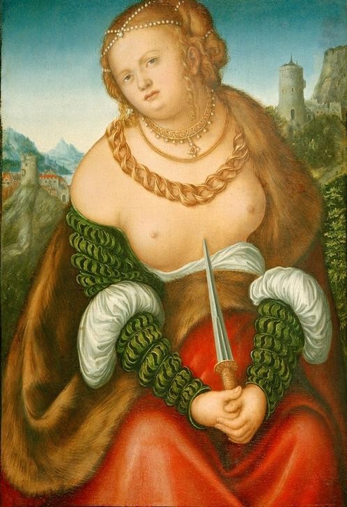 Lucas Cranach der Ältere, Lucretia (Damenmode,Deutsche Kunst,Dolch,Frau,Geschichte,Sage,Kette (Schmuck),Kunst,Landschaft,Mode,Schmuck,Selbstmord,Tod,Waffe,Renaissance,Busen,Tugend,Heldin,Portrait,Halskette,Vergewaltigung,Perlenkette,Keuschheit,Nacktheit,Sexualität,Haarschmuck,Römisches Reic)