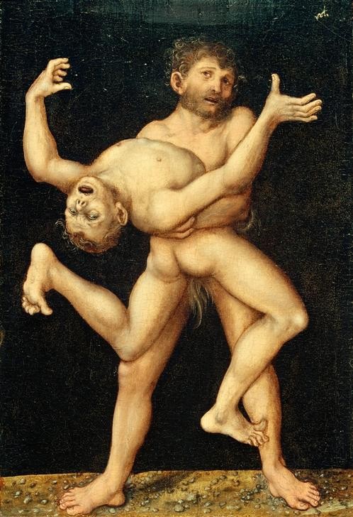 Lucas Cranach der Ältere, Herkules und Antäus (Deutsche Kunst,Held,Kunst,Mann,Mythologie,Ringen,Renaissance,Akt,Kampf,Zwölf Arbeiten Des Herkules,Heros,Griechisch-Römische Mythologie,Zweikampf,Starker Mann)