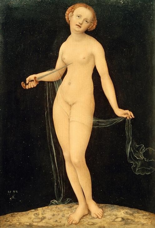 Lucas Cranach der Ältere, Lucretia (Deutsche Kunst,Dolch,Frau,Geschichte,Sage,Kunst,Selbstmord,Tod,Waffe,Renaissance,Schleier,Akt,Tugend,Heldin,Portrait,Vergewaltigung,Haarnetz,Keuschheit,Nacktheit,Sexualität,Anmut,Blonde Haare,Römisches Reich,Transparenz,Junge Frau,Ganzfigurig,Krakelee,Per)