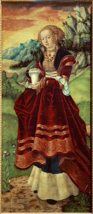 Lucas Cranach der Ältere, Heilige Maria Magdalena (Christentum,Damenmode,Deutsche Kunst,Frau,Heilige,Kette (Schmuck),Kunst,Landschaft,Mode,Religion,Schmuck,Altar,Renaissance,Triptychon,Neues Testament,Bibel,Portrait,Zopf,Halskette,Altarbild,Salbgefäss,Haarnetz,Kleid,Heiligenschein,Blonde Haare,Kleidung (A)