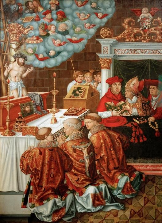 Lucas Cranach der Ältere, Messe des hl. Gregor mit Kardinal Albrecht von Brandenburg (Christentum,Deutsche Kunst,Engel,Erzbischof,Heilige,Kardinal,Katholische Kirche,Kirche,Kurfürst,Kunst,Papst,Religion,Sakramente,Wolke,Altar,Gottesdienst,Renaissance,Putto,Vision,Klerus,Portrait,Wunder,Heiligenlegende,Schmerzensmann,Eucharistie,Cherubim,He)
