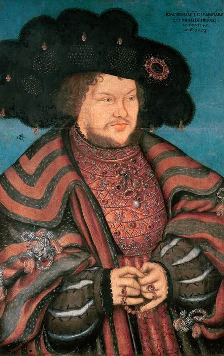 Lucas Cranach der Ältere, Joachim I. Nestor (Deutsche Kunst,Geschichte,Herrenhut,Herrenmode,Kopfbedeckung,Kurfürst,Kunst,Mann,Mode,Schmuck,Bart,Hut,Männerschmuck,Renaissance,Hand,Portrait,Feder,Agraffe,Rosenkranz,Fingerring,Kleidung (Allgemein),Kinnbart,Halbfigur,Halbprofil,Schlitze,Person)