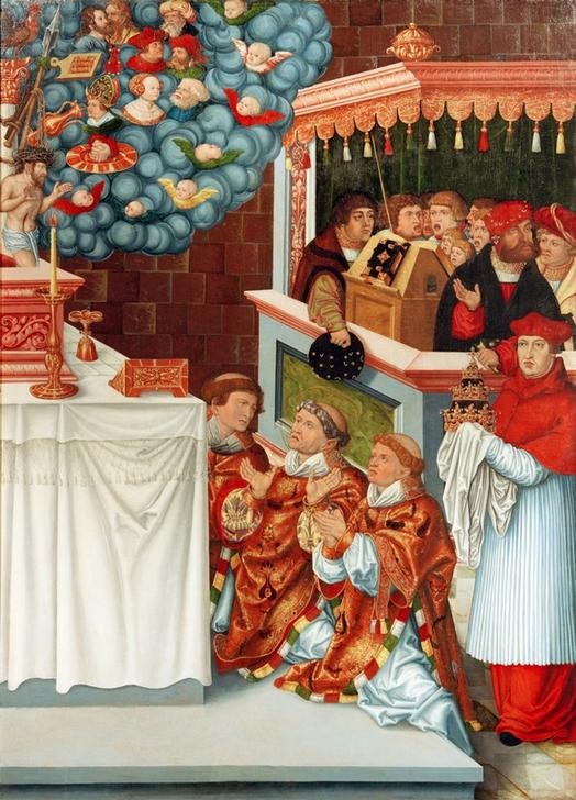 Lucas Cranach der Ältere, Messe des hl. Gregor mit Kardinal Albrecht von Brandenburg (Christentum,Deutsche Kunst,Engel,Erzbischof,Heilige,Kardinal,Katholische Kirche,Kirche,Kurfürst,Kunst,Papst,Religion,Sakramente,Wolke,Altar,Gottesdienst,Renaissance,Putto,Vision,Klerus,Portrait,Talar,Wunder,Heiligenlegende,Schmerzensmann,Kleidung (Allgeme)
