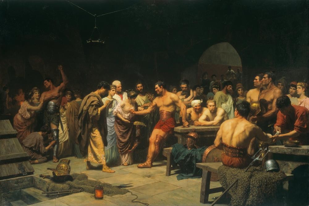 Stepan Wladislawowitsch Bakalowitsch, Die Gladiatoren vor dem Kampf (Geschichte,Gladiator,Kunst,Szene,Voyeurismus,Russische Kunst,Bewunderung,Körperkult,Historienmalerei,Römisches Reich,Bizeps,Schaukämpfe,Athlet,Schaulust,Circus)