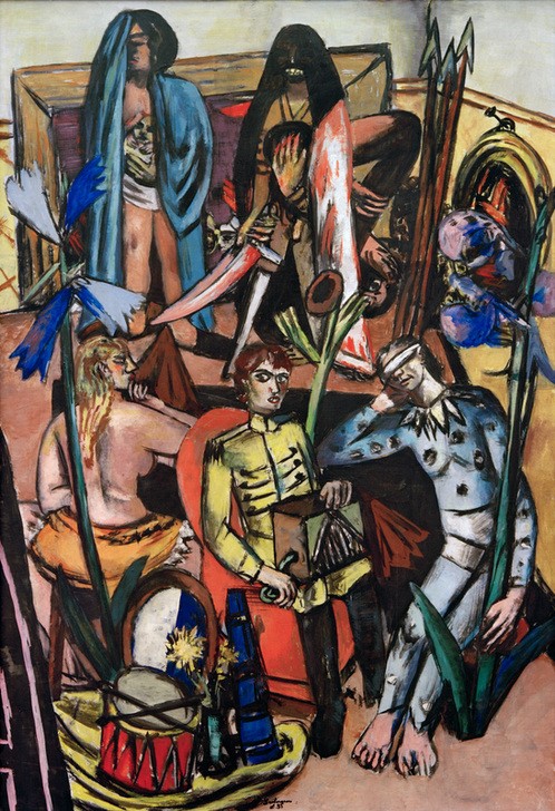 Max Beckmann, Der Leiermann (Das Lebenslied) (Personen, Musiker, skurril, Expressionismus, Klassische Moderne, Malerei, Wohnzimmer, Treppenhaus, Wunschgröße, bunt)