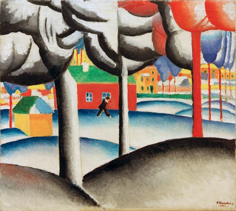 Kasimir Malewitsch, Landschaft (Der Winter) (Haus,Jahreszeiten,Kunst,Landschaft,Sowjetische Kunst,Stadt,Winter,Kubismus,Baum,Expressionismus,Russische Kunst,Ukrainische Kunst,Signatur)