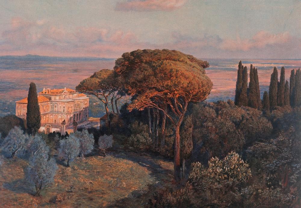 Max RÖder, Villa Falconieri (Landschaft, Landschaftsmalerei, Italien, Villa, Frascati, Pinien, Zypressen, mediterran, Deutschrömer, Impressionismus, Wunschgröße, klassische Moderne, Wohnzimmer, bunt)