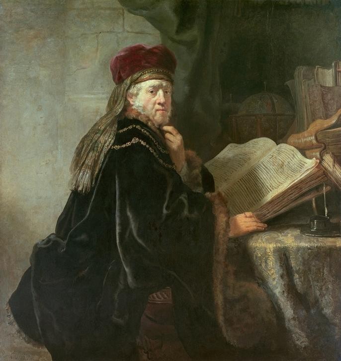 Rembrandt Harmenszoon van Rijn, Ein Gelehrter im Studierzimmer (Arbeitszimmer,Buch,Gelehrter,Kunst,Leser,Mann,Theologe,Wissenschaft,Barock,Bibel,Portrait,Theologie,Nachdenken,Lesen (Allgemein),Niederländische Kunst,Schriftgelehrte,Holländische Kunst,Buch (Aufgeschlagen))