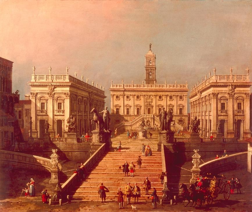 Giovanni Antonio Canaletto, Kapitol (Rom, Italien, Städte, Bauwerk, Architektur, Treppe, Palast, Senatorenpalast, Statuen, Barock, Vedute, Klassiker, Wunschgröße, Wohnzimmer)