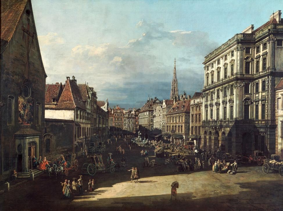 Bernardo Bellotto, Der Mehlmarkt in Wien (Architektur,Geographie,Handel,Kunst,Markt,Stadt,Platz,Barock,Vedute,Stadtansicht,Architekturdarstellung,Italienische Kunst,Ansicht,Topographie,Stadtleben)