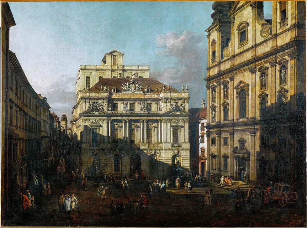 Bernardo Bellotto, Der Universitätsplatz in Wien (Universität, Gebäude, Fassaden, historisch, Platz, Architekturdarstellung,  Wien,   Stadtansicht, Mensch und Gesellschaft, Rokoko, Malerei, Wohnzimmer, Wunschgröße, Klassiker, bunt)