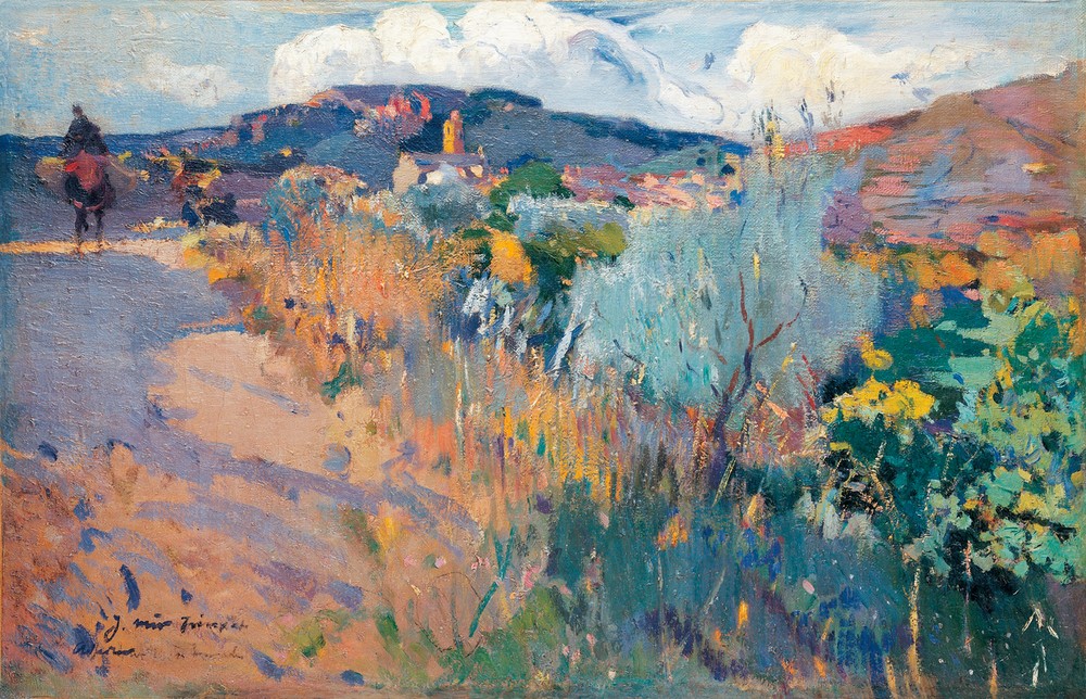 Joaquim Mir, Ansicht von I. (Ansicht von L'Aleixar) (Landschaft, Landweg, Reiter, Hügel, Katalanische Kunst,  Post-Modernisme, Malerei, Klassische Moderne, Wunschgröße, Wohnzimmer, Treppenhaus, bunt)