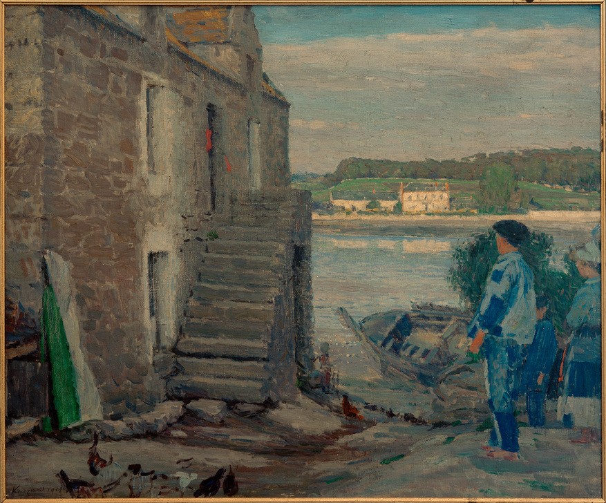 Maximilian Kurzweil, Uferlandschaft mit Häusern (Architektur,Boot,Frau,Gewässer,Haus,Huhn,Kunst,Landschaft,Mann,Mensch,Schiff,Sezession,Vogel,Wohnhaus (Allgemein),Aussentreppe,Treppe,Geflügel,Wiener Sezession,Architekturdarstellung,Österreichische Kunst,Ufer,Tier,Signatur,Schifffahrt)