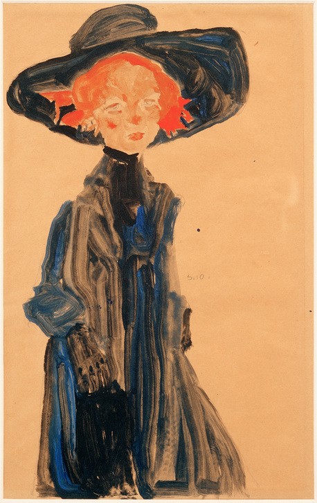 Egon Schiele, Mädchen in Blau (Damenhut,Damenmode,Frau,Kopfbedeckung,Kunst,Mädchen,Mantel,Mensch,Mode,Hut,Portrait,Expressionismus,Österreichische Kunst,Kleid,Rote Haare,Kleidung (Allgemein),Blau,Junge Frau,Rot,Blick Aus Dem Bild,Kniestück,Halbprofil,Farbe)