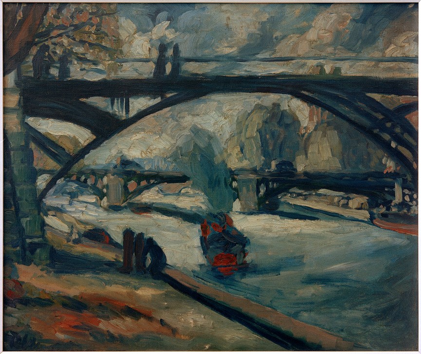 Götz von Seckendorff, Seine-Brücken in Paris (Architektur,Brücke,Deutsche Kunst,Geographie,Kunst,Schiff,Stadt,Fluss,Expressionismus,Vedute,Stadtansicht,Architekturdarstellung,Ufer,Ansicht,Flusschiffahrt,Topographie,Quai,Schifffahrt)