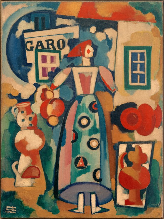 Amadeo de Souza-Cardoso, Volkslied - Die Russin und der Figaro (Architektur,Fenster,Frau,Friseur,Gesang,Haus,Kunst,Mensch,Musik,Samowar,Volksmusik,Volkslied,Volkskunde,Handel Und Gewerbe,Architekturdarstellung,Schürze,Portugiesische Kunst,Lied,Gefäss,Kleidung (Allgemein),Friseursalon,Farbigkeit,Schrift,Land Und Leute,)