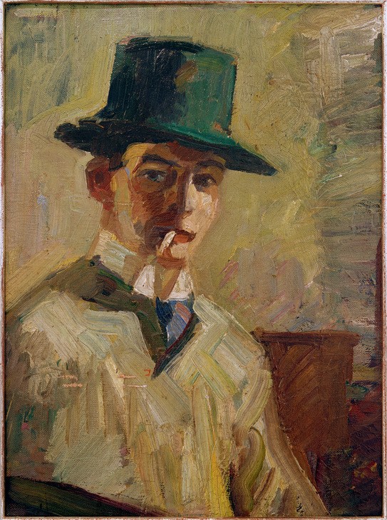 Hermann Stenner, Selbstbildnis mit hohem Hut und Zigarette (Deutsche Kunst,Grafiker,Herrenhut,Herrenmode,Kopfbedeckung,Künstler,Kunst,Maler (Künstler),Mann,Mode,Tabak,Zigarette,Hut,Rauchen,Selbstbildnis,Portrait,Expressionismus,Kleidung (Allgemein),Jungverstorbene,Braun,Blick Aus Dem Bild,Brustbild,Halbprofil,Pers)