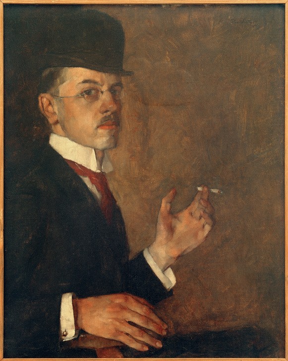 Hans Sutter, Hans Sutter (Brille,Deutsche Kunst,Grafiker,Herrenhut,Herrenmode,Kopfbedeckung,Künstler,Kunst,Maler (Künstler),Mann,Mode,Tabak,Zigarette,Bart,Hut,Rauchen,Selbstbildnis,Schnurrbart,Hand,Portrait,Kleidung (Allgemein),Manschettenknopf,Kragen,Braun,Blick Aus Dem Bild,Halb)