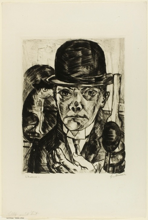 Max Beckmann, Self-Portrait in Bowler Hat (Klassische Moderne, Kreidezeichnung, Hut, Melone,  Selbstportrait, Gesicht, ernst,  Expressionismus, Menschen,  Wunschgröße, Wohnzimmer, schwarz/weiß)