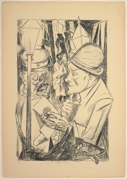 Max Beckmann, The Way Home, plate two from Die Hölle (Klassische Moderne, Kreidezeichnung, Gespräch, Selbstportrait, Expressionismus, Menschen, kantig, kubistisch, schonungslos, drastisch, Wunschgröße, Wohnzimmer, schwarz/weiß)