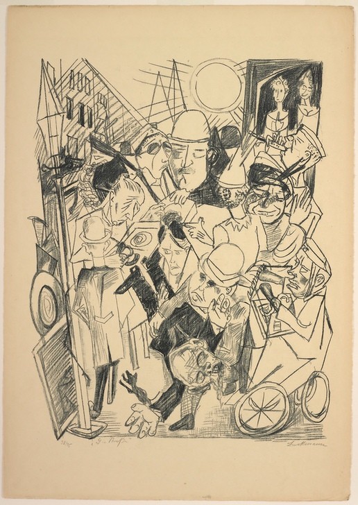 Max Beckmann, The Street, plate three from Die Hölle (Klassische Moderne, Kreidezeichnung, Straßenszene, Expressionismus, Menschen, kantig, kubistisch, schonungslos, drastisch, Wunschgröße, Wohnzimmer, schwarz/weiß)